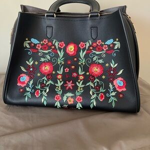Floral Embroidered Black Handbag